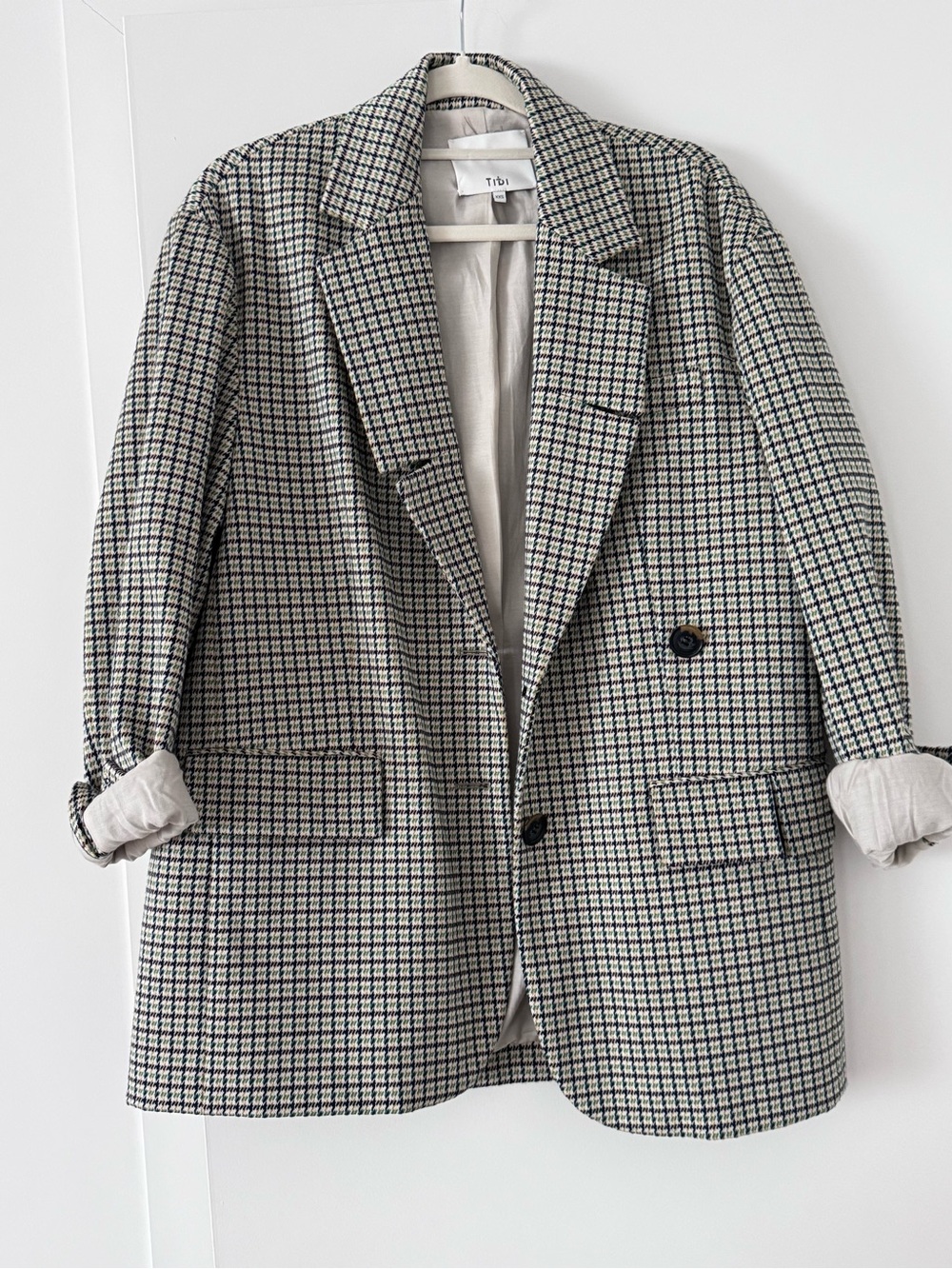 Tibi Checked Pea Coat in Black and Cream